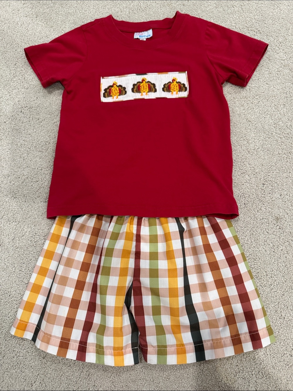 Boys Red Turkey Smocked Tee with Plaid Shorts - Seasonal Matching Set